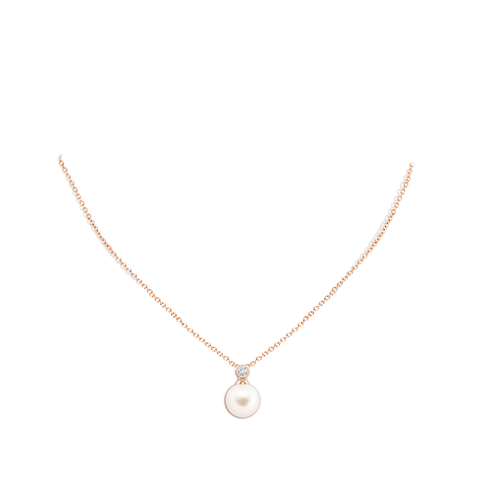 10mm AAA Freshwater Pearl Pendant with Bezel Diamond in Rose Gold body-neck