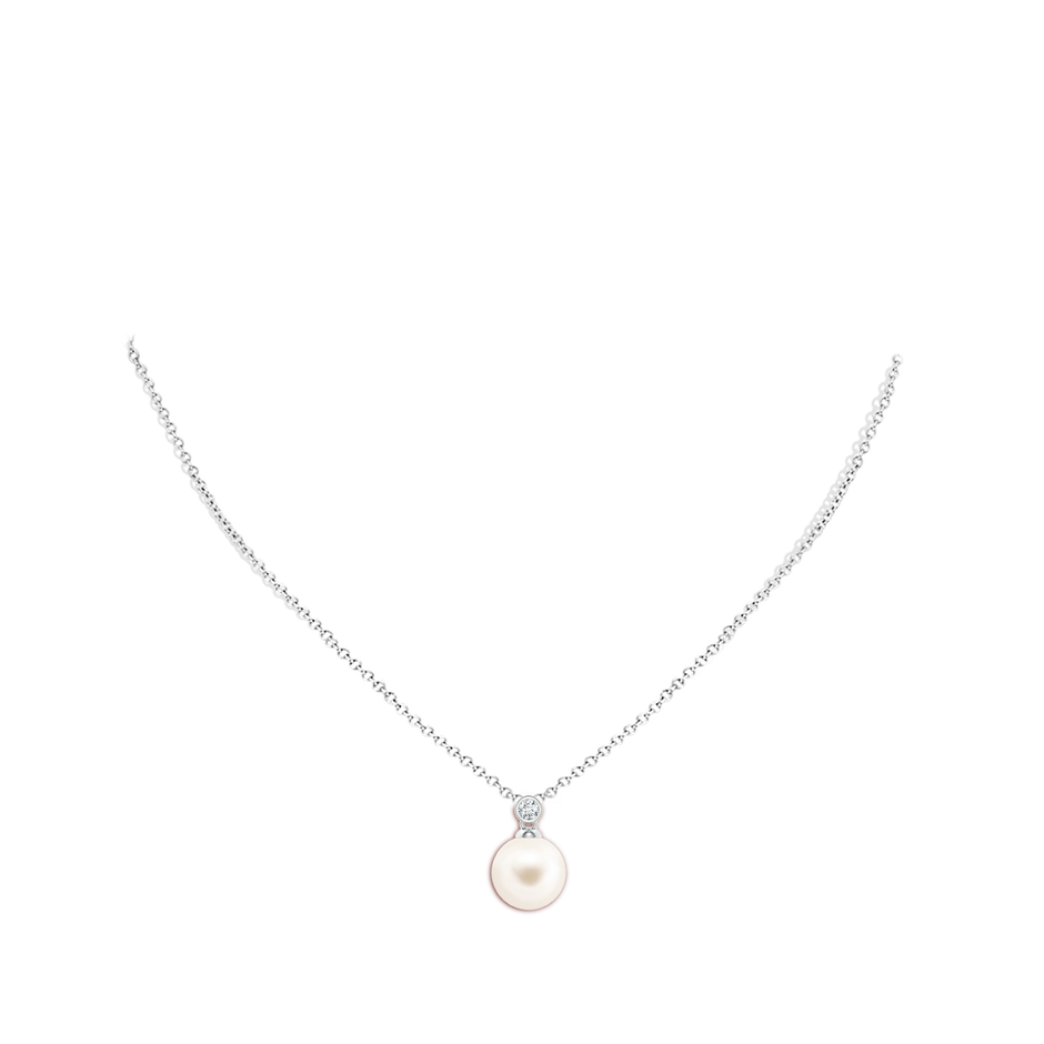 10mm AAA Freshwater Pearl Pendant with Bezel Diamond in White Gold body-neck