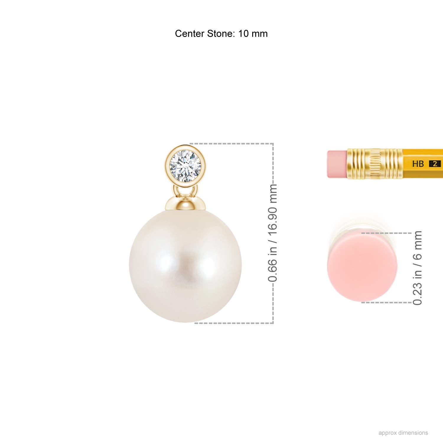 10mm AAAA Freshwater Pearl Pendant with Bezel Diamond in Yellow Gold - ruler