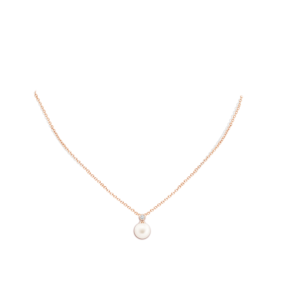 8mm AA Freshwater Pearl Pendant with Bezel Diamond in Rose Gold body-neck