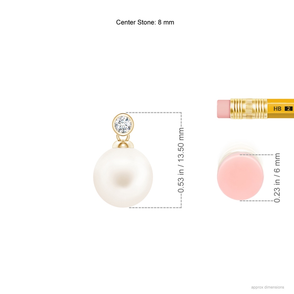 8mm AA Freshwater Pearl Pendant with Bezel Diamond in Yellow Gold ruler