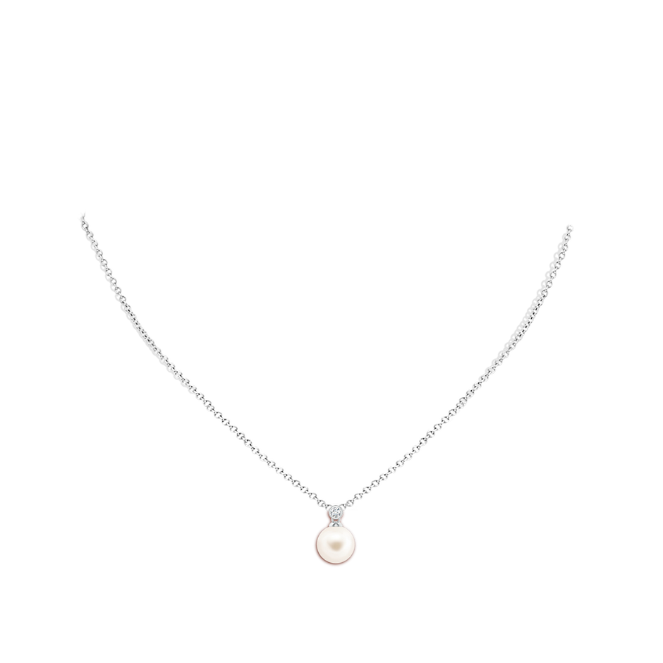 8mm AAA Freshwater Pearl Pendant with Bezel Diamond in White Gold body-neck