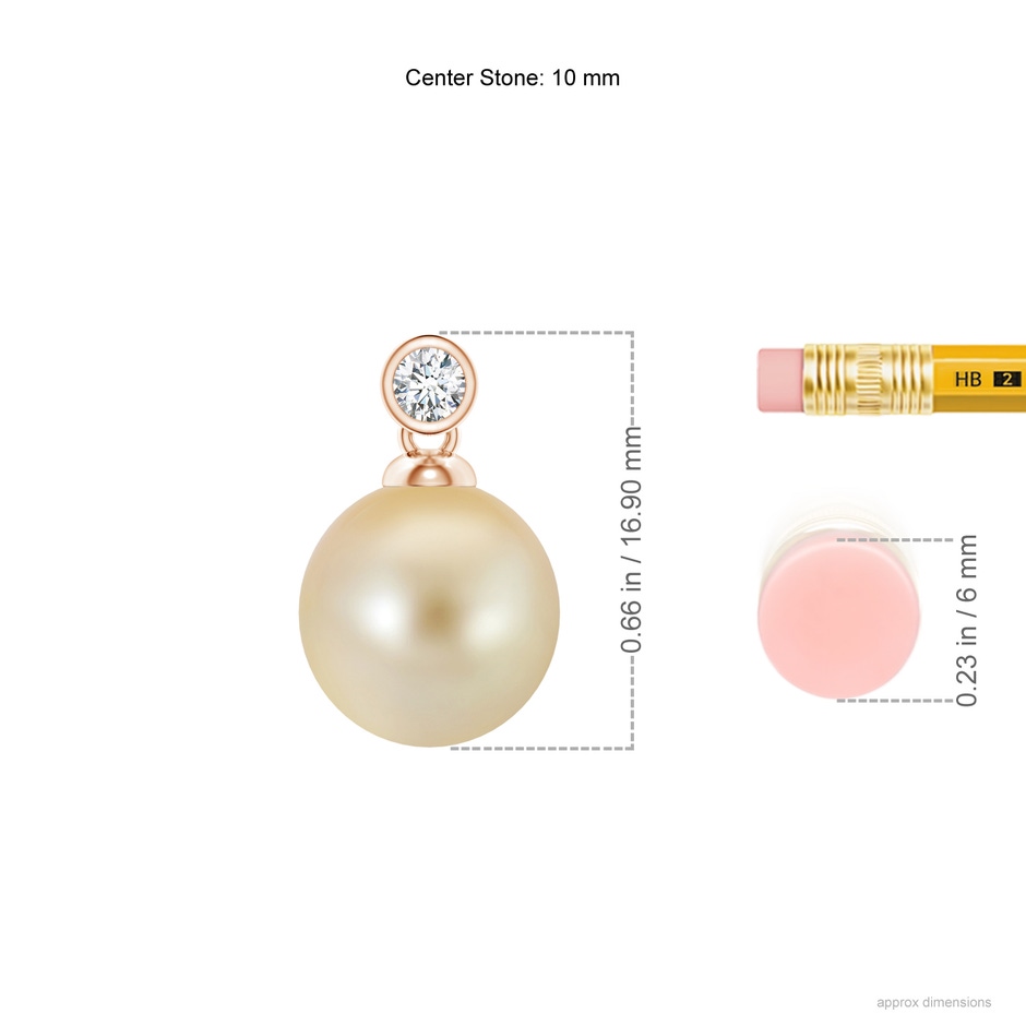 10mm AAA Golden South Sea Pearl Pendant with Bezel Diamond in Rose Gold ruler