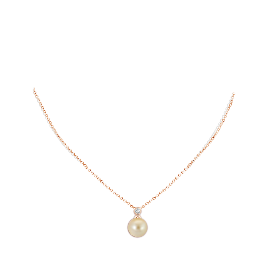 10mm AAA Golden South Sea Pearl Pendant with Bezel Diamond in Rose Gold body-neck