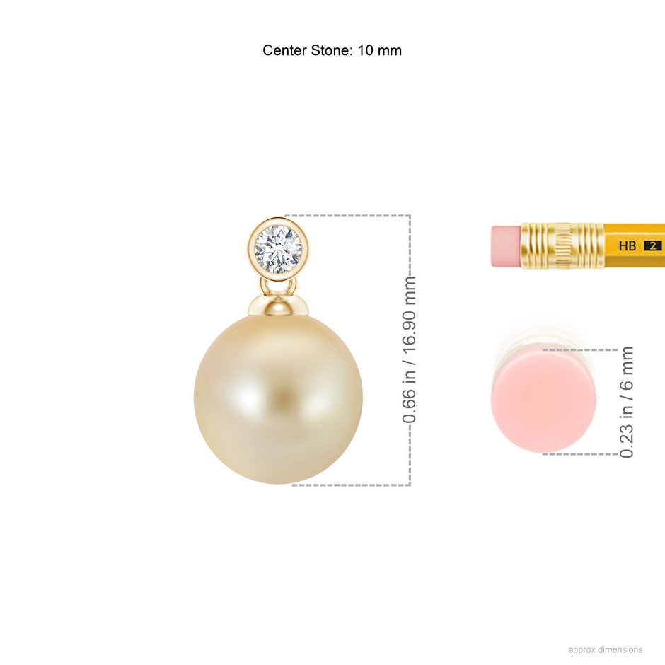 10mm AAA Golden South Sea Pearl Pendant with Bezel Diamond in Yellow Gold ruler