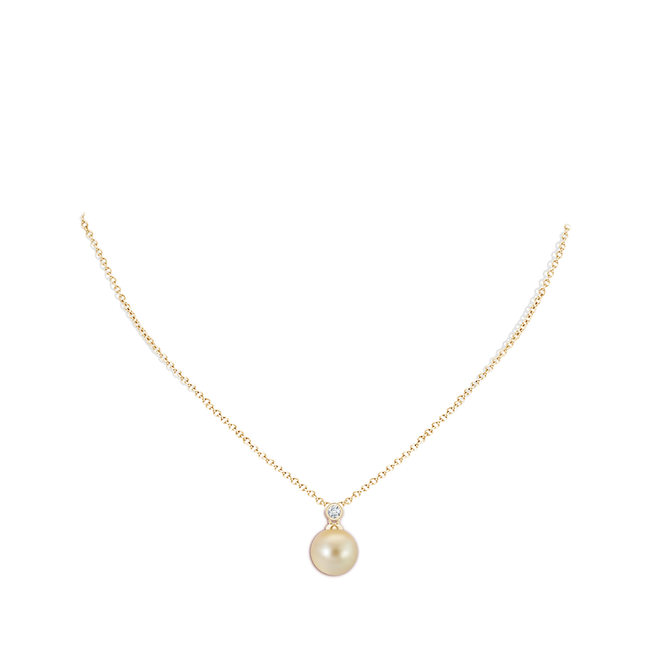 10mm AAA Golden South Sea Pearl Pendant with Bezel Diamond in Yellow Gold body-neck