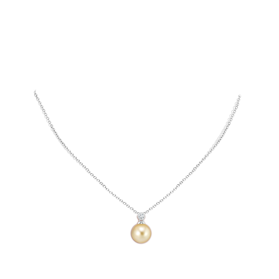 10mm AAAA Golden South Sea Pearl Pendant with Bezel Diamond in White Gold body-neck