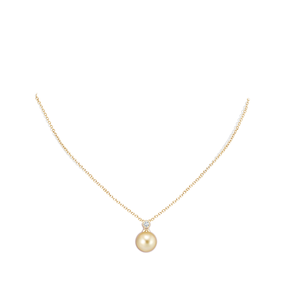 10mm AAAA Golden South Sea Pearl Pendant with Bezel Diamond in Yellow Gold body-neck