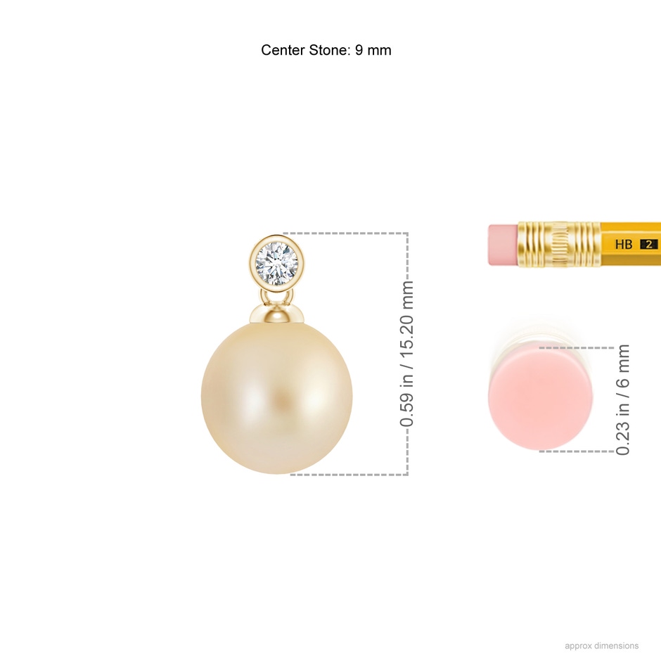 9mm AA Golden South Sea Pearl Pendant with Bezel Diamond in Yellow Gold ruler