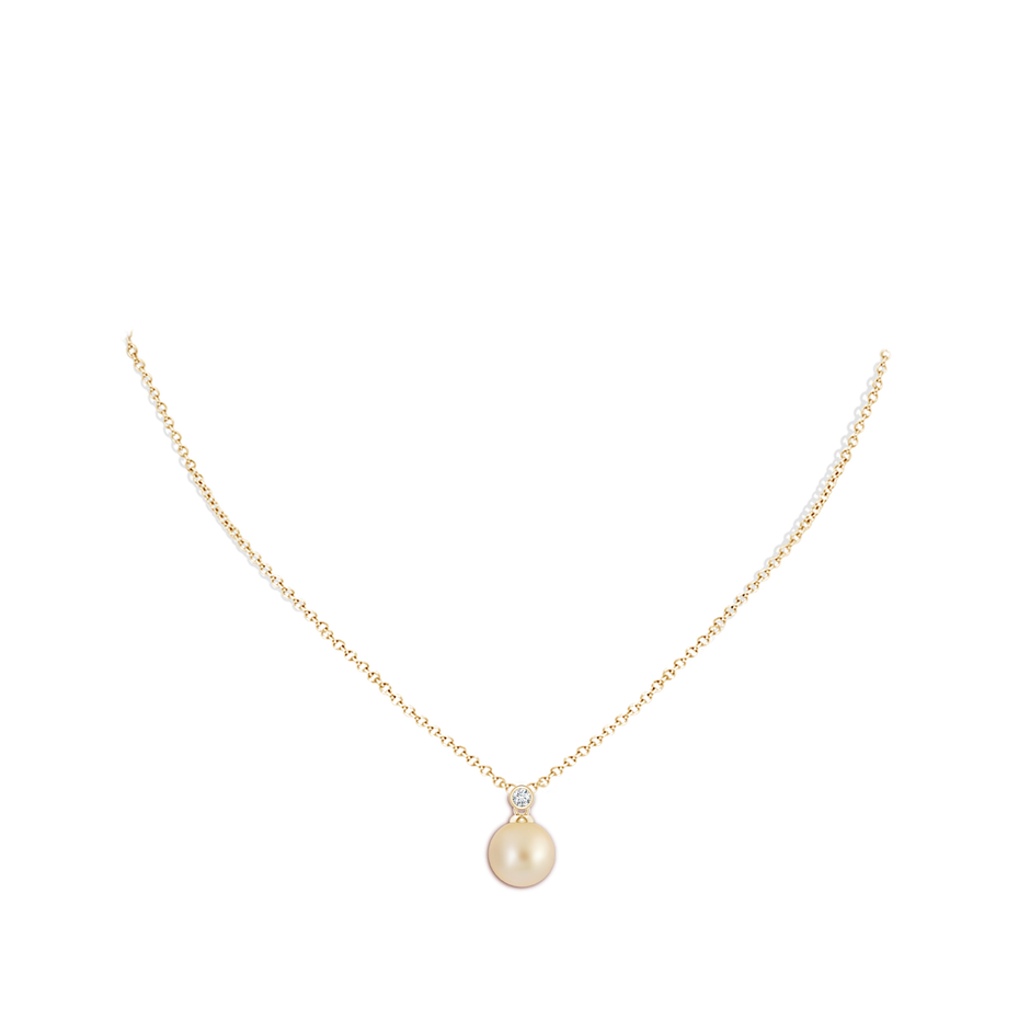 9mm AA Golden South Sea Pearl Pendant with Bezel Diamond in Yellow Gold body-neck