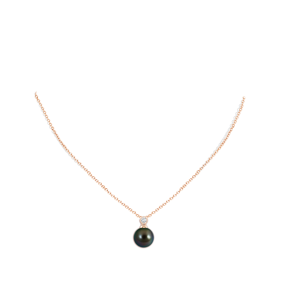 10mm AAAA Tahitian Pearl Pendant with Bezel Diamond in Rose Gold body-neck