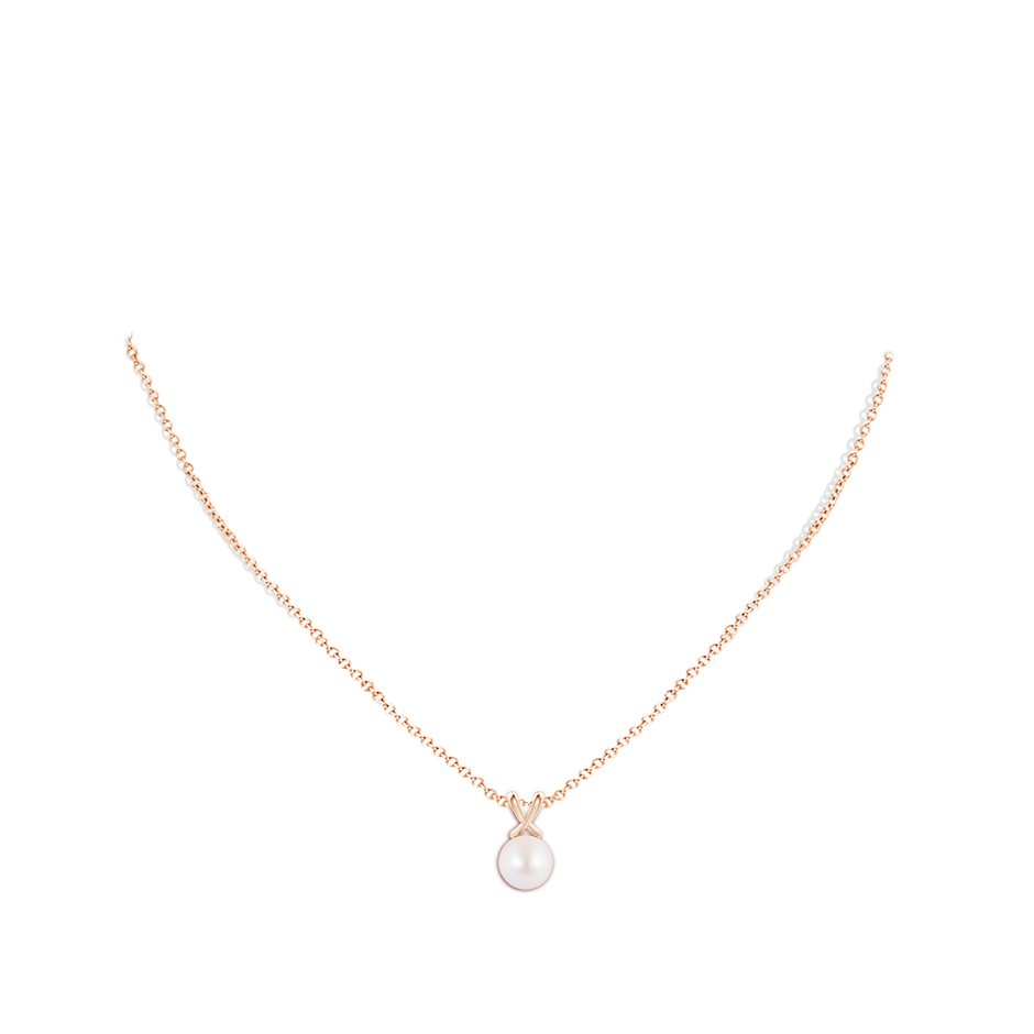 8mm AA Classic Japanese Akoya Pearl Cross V-Bale Pendant in Rose Gold body-neck