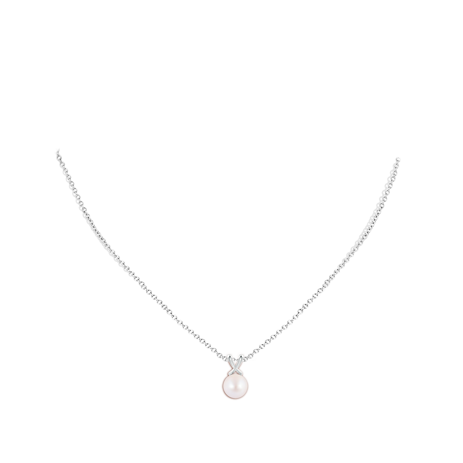 8mm AA Classic Japanese Akoya Pearl Cross V-Bale Pendant in White Gold body-neck