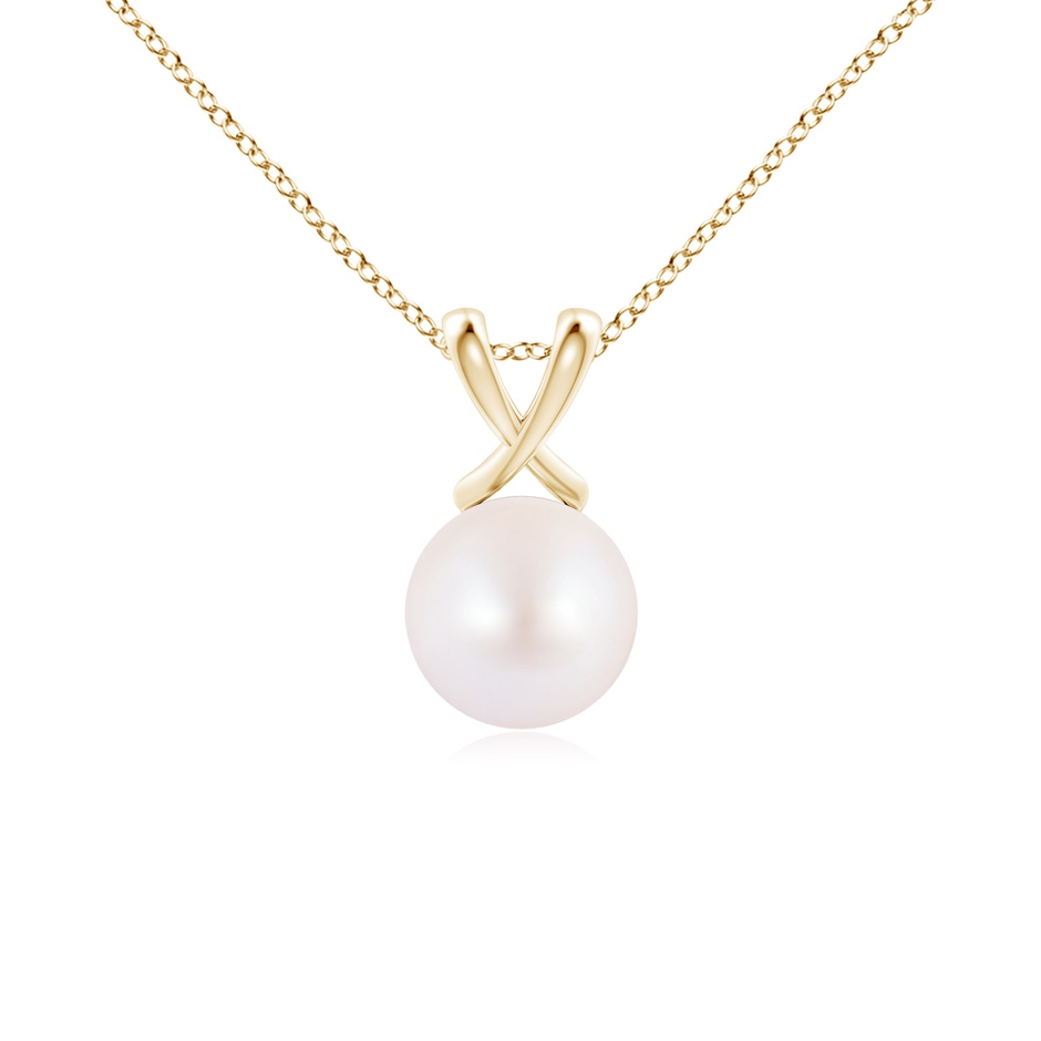 8mm AA Classic Japanese Akoya Pearl Cross V-Bale Pendant in Yellow Gold 