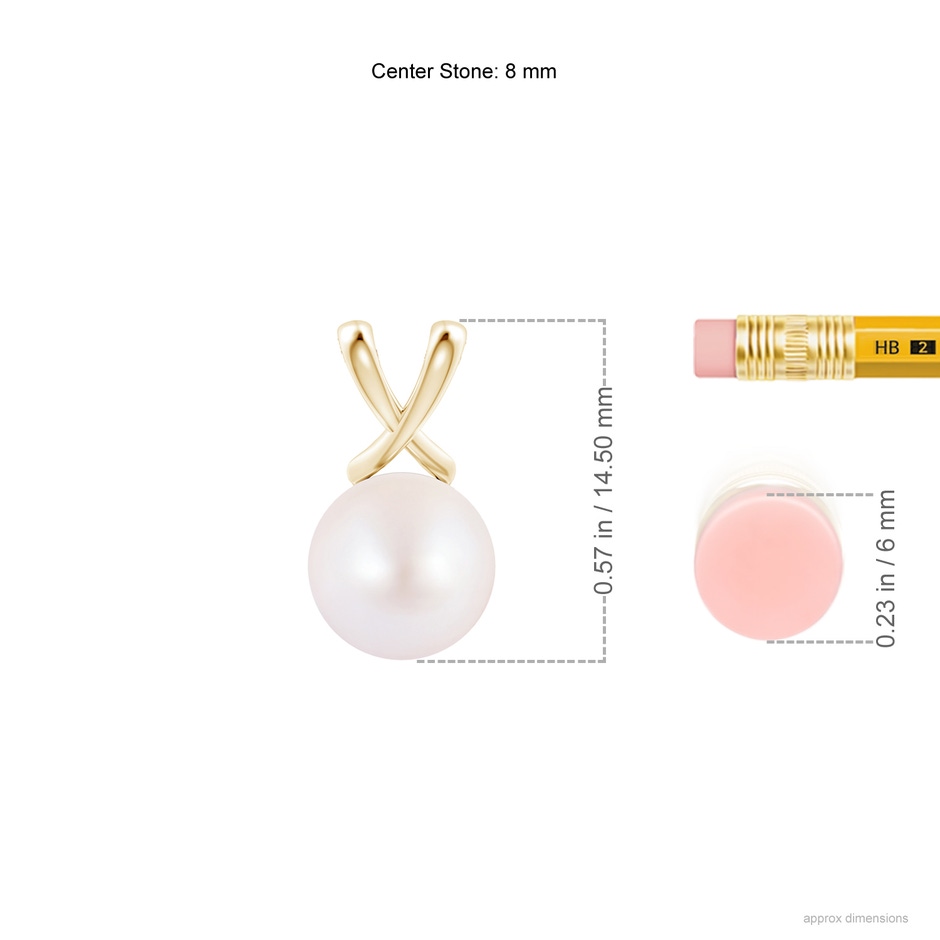8mm AA Classic Japanese Akoya Pearl Cross V-Bale Pendant in Yellow Gold ruler
