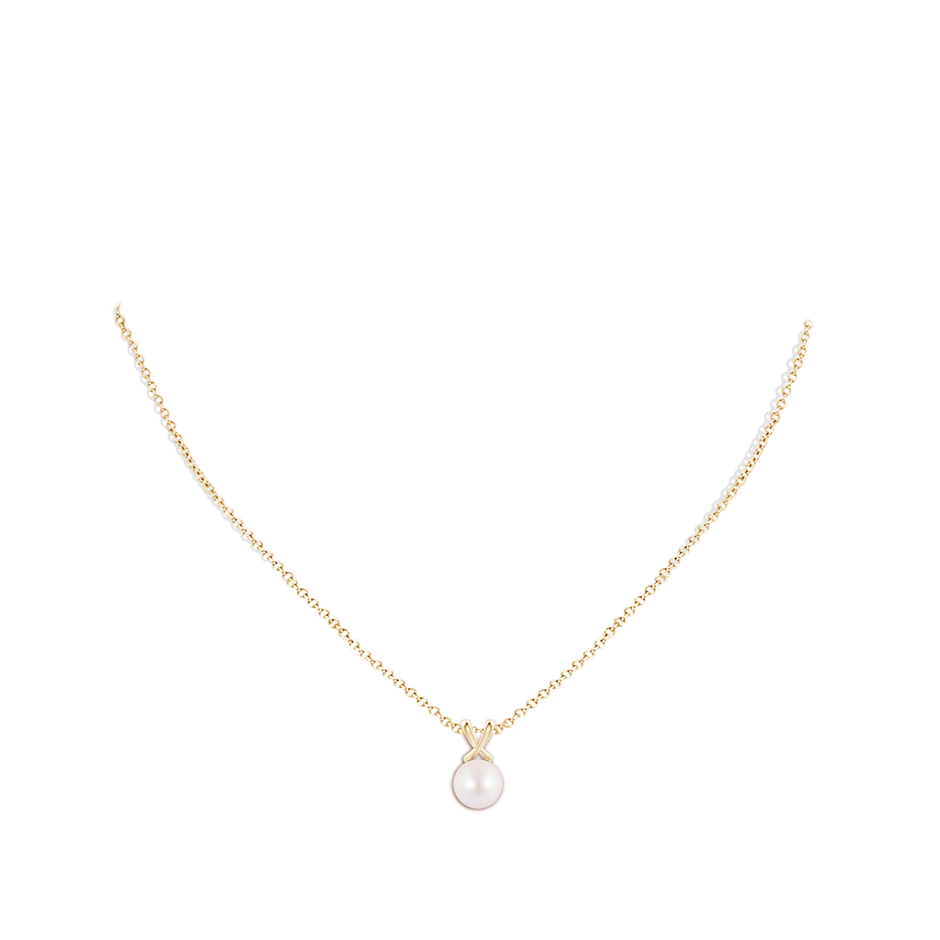 8mm AA Classic Japanese Akoya Pearl Cross V-Bale Pendant in Yellow Gold body-neck
