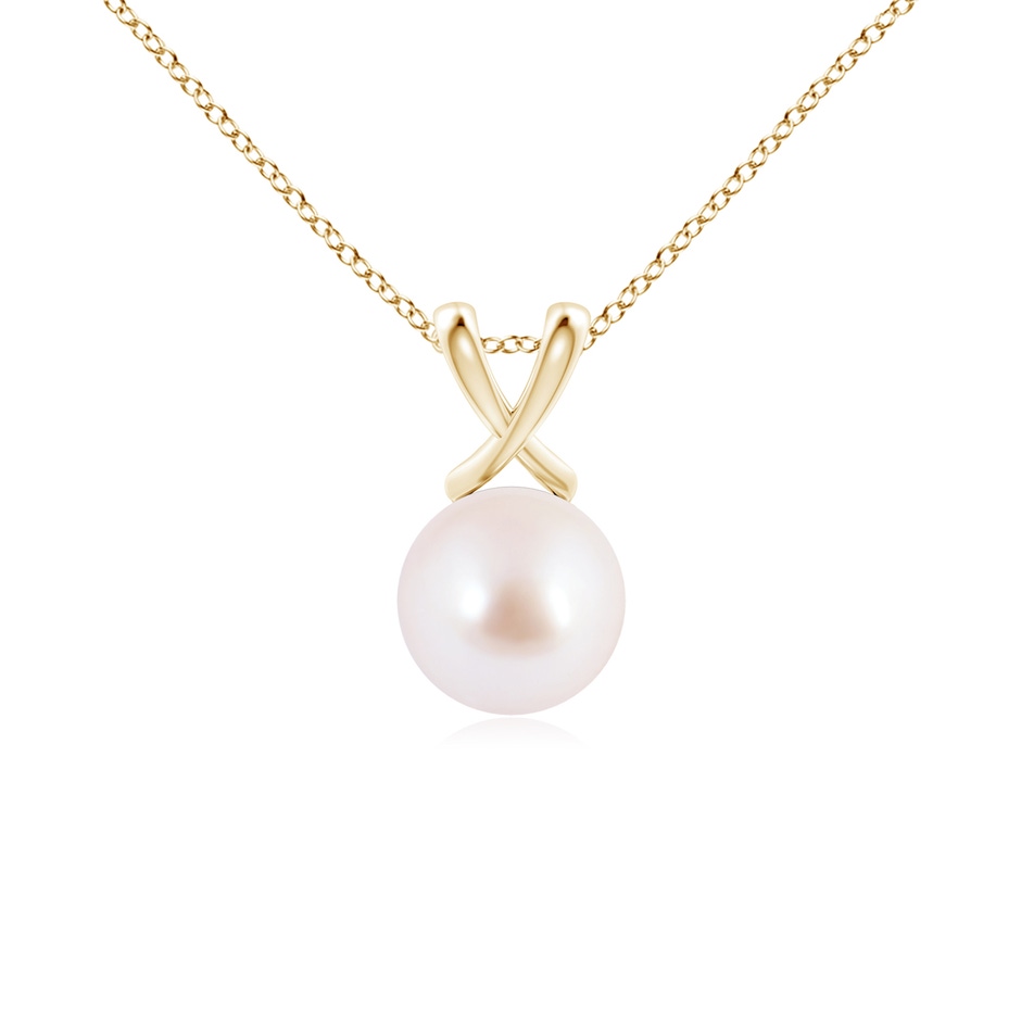 8mm AAA Classic Japanese Akoya Pearl Cross V-Bale Pendant in Yellow Gold 