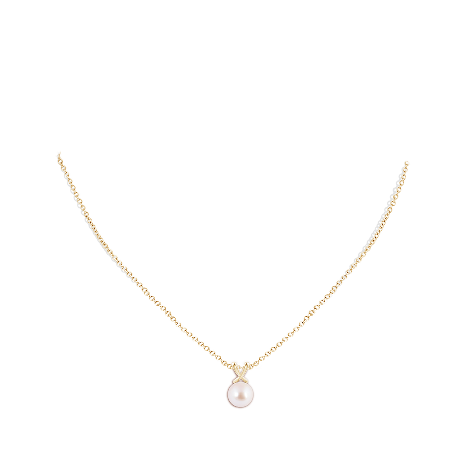 8mm AAA Classic Japanese Akoya Pearl Cross V-Bale Pendant in Yellow Gold body-neck