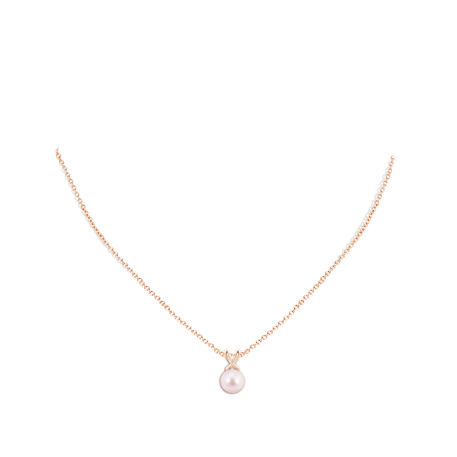 8mm AAAA Classic Japanese Akoya Pearl Cross V-Bale Pendant in Rose Gold body-neck