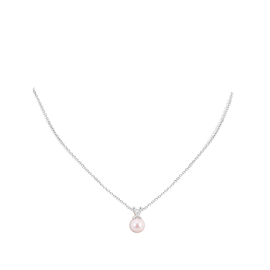 8mm AAAA Classic Japanese Akoya Pearl Cross V-Bale Pendant in White Gold body-neck