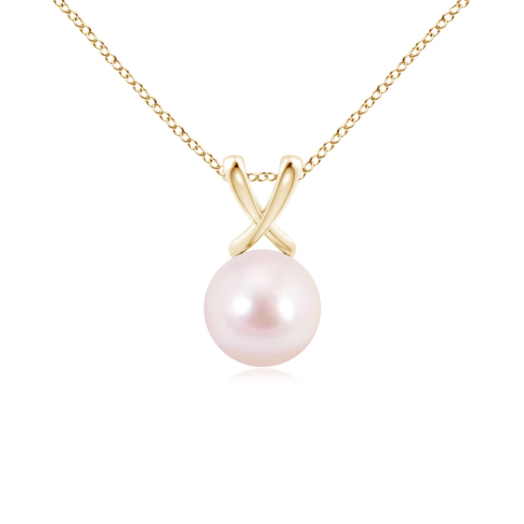 8mm AAAA Classic Japanese Akoya Pearl Cross V-Bale Pendant in Yellow Gold