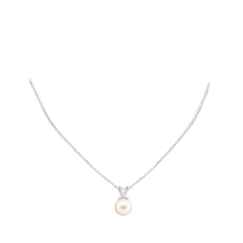 10mm AAA Classic Freshwater Pearl Cross V-Bale Pendant in White Gold body-neck