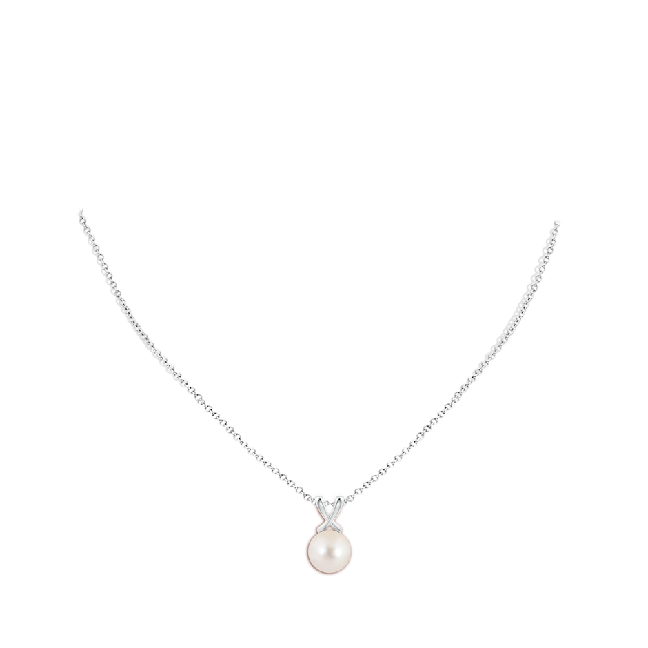 10mm AAAA Classic Freshwater Pearl Cross V-Bale Pendant in White Gold body-neck
