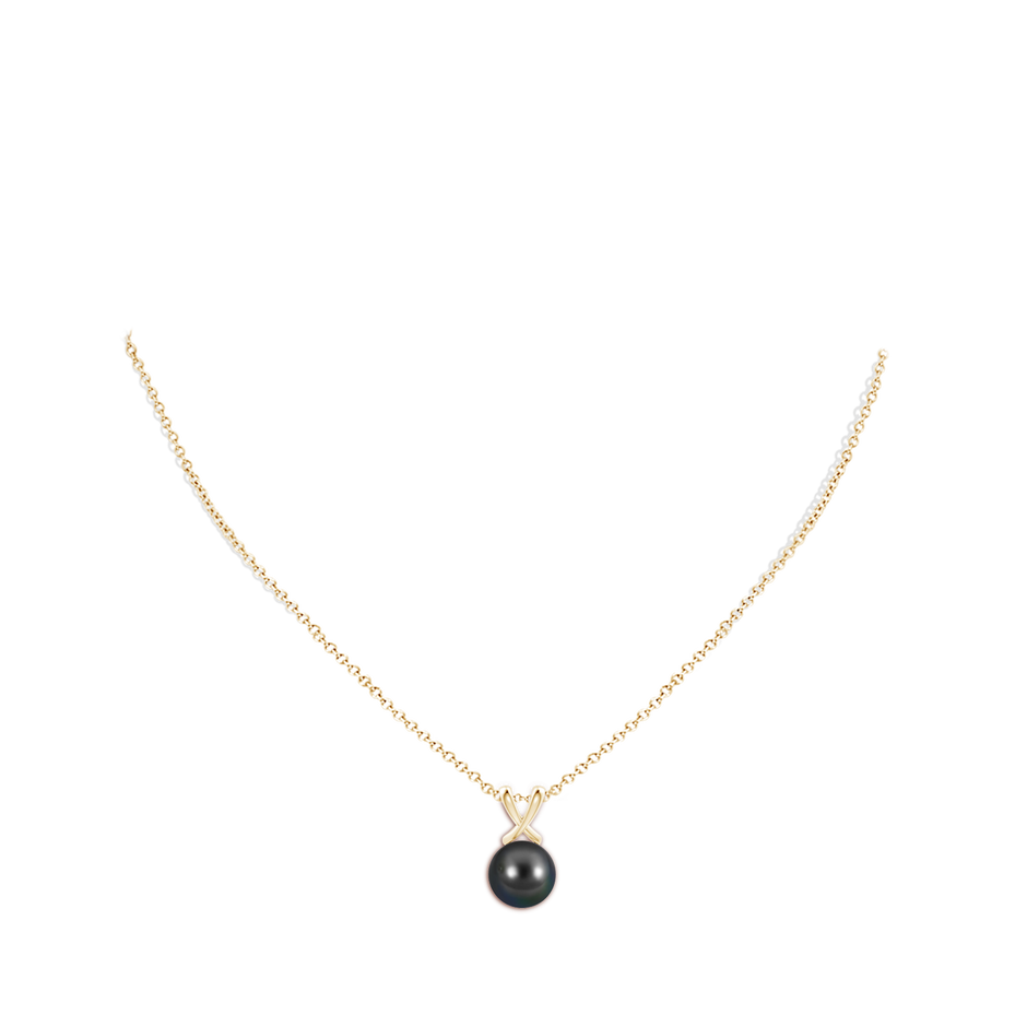 10mm AA Classic Tahitian Pearl Cross V-Bale Pendant in Yellow Gold body-neck