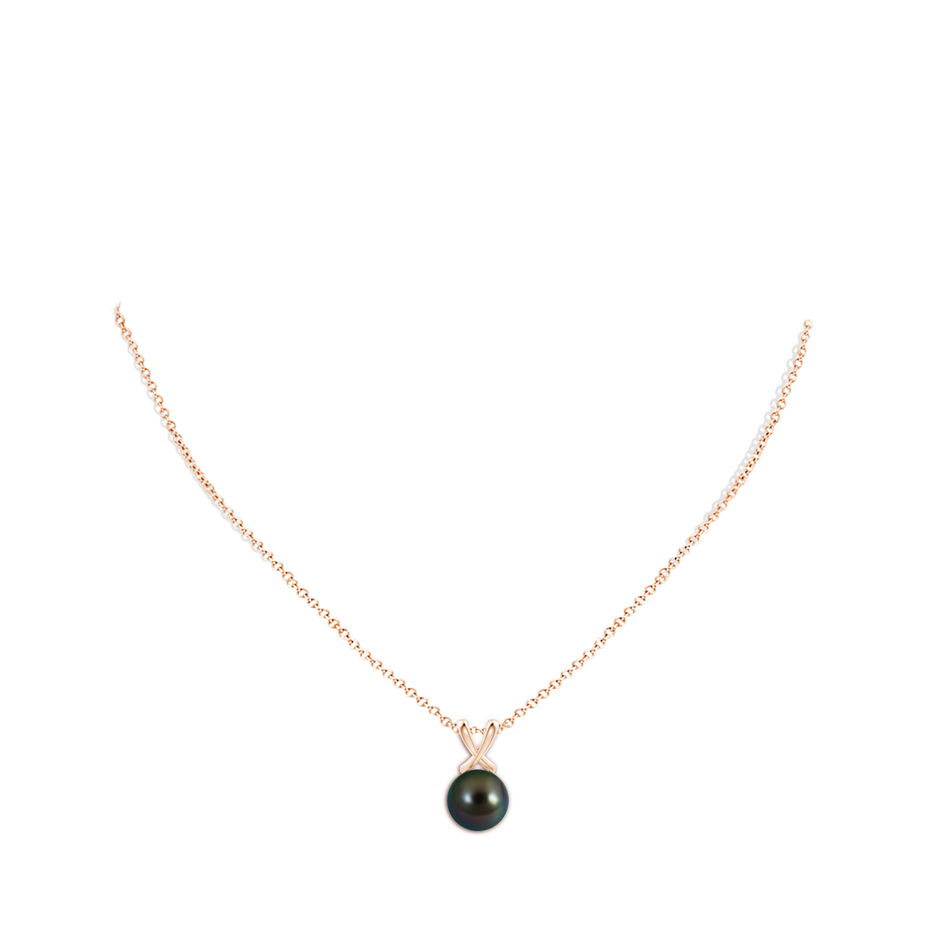 10mm AAAA Classic Tahitian Pearl Cross V-Bale Pendant in Rose Gold body-neck