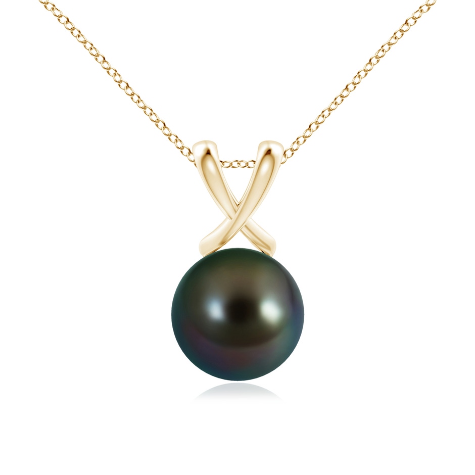 10mm AAAA Classic Tahitian Pearl Cross V-Bale Pendant in Yellow Gold 