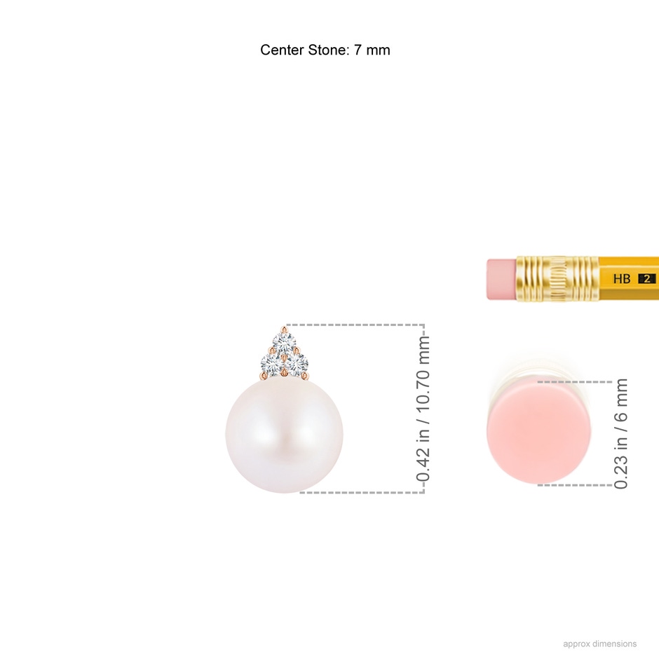 7mm AA Japanese Akoya Pearl and Trio Diamond Pendant in Rose Gold ruler