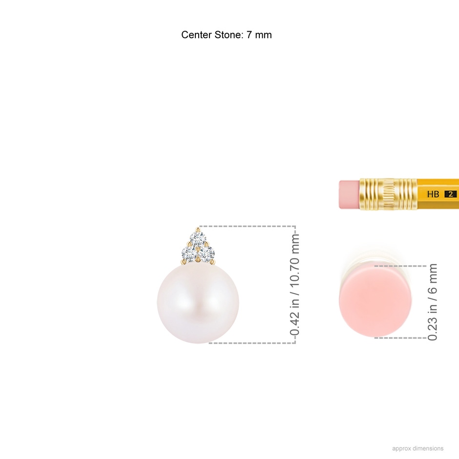 7mm AA Japanese Akoya Pearl and Trio Diamond Pendant in Yellow Gold ruler