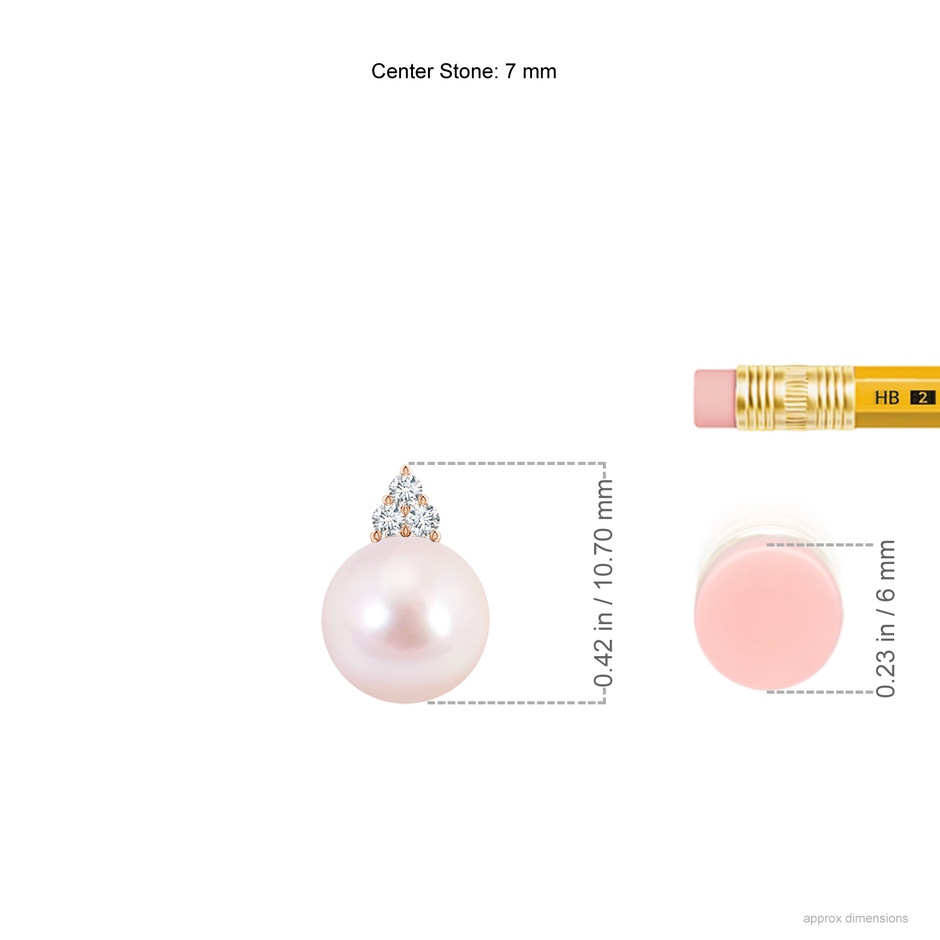 7mm AAAA Japanese Akoya Pearl and Trio Diamond Pendant in Rose Gold ruler