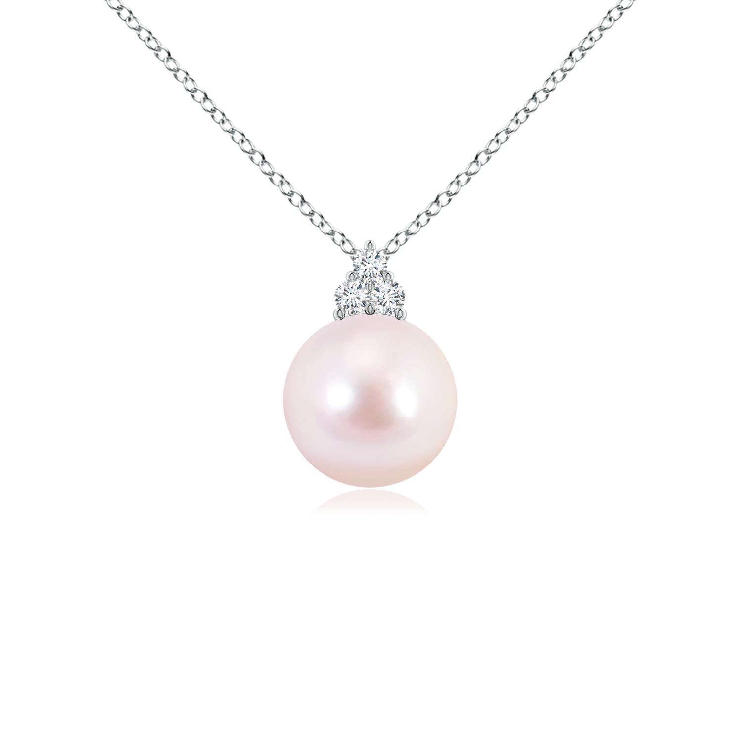 8mm AAAA Japanese Akoya Pearl and Trio Diamond Pendant in 18K White Gold
