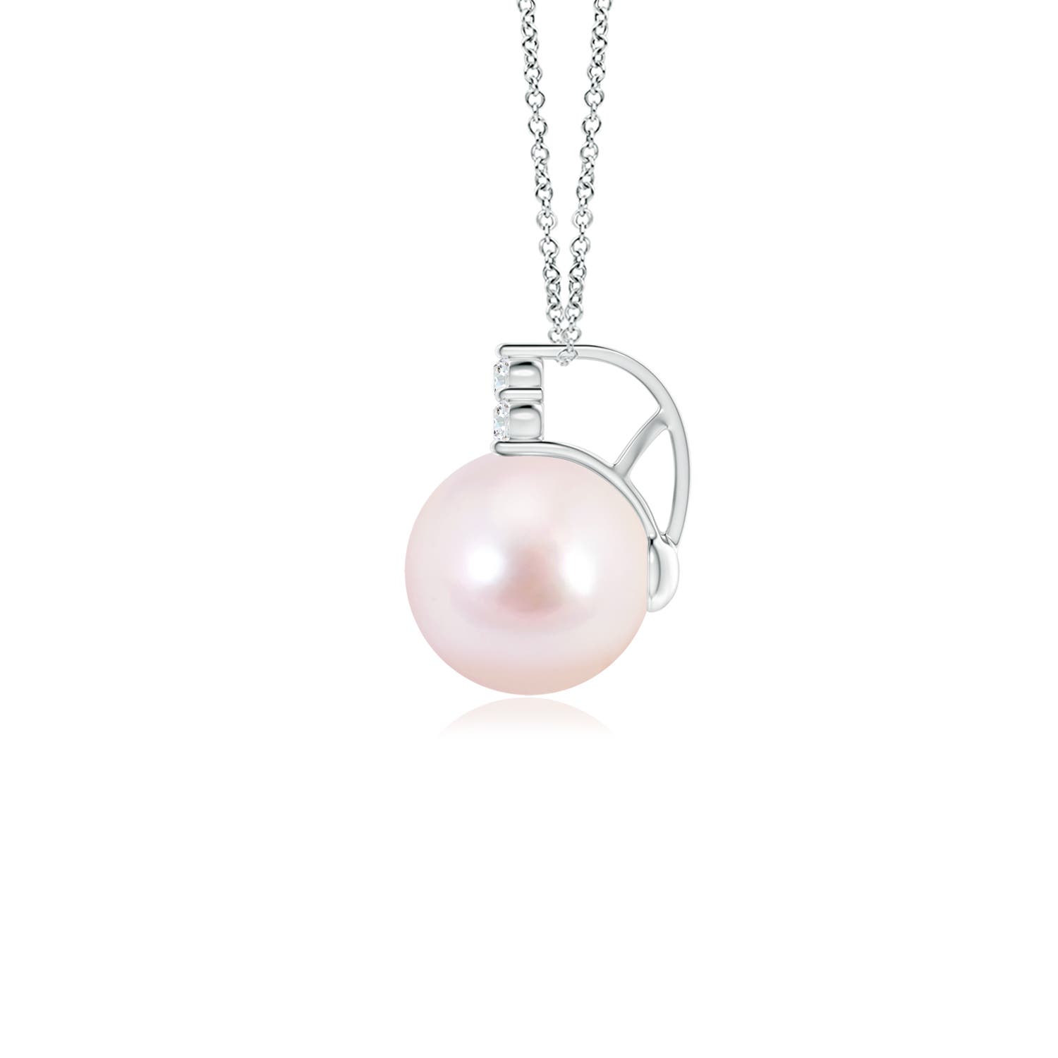 8mm AAAA Japanese Akoya Pearl and Trio Diamond Pendant in 18K White Gold