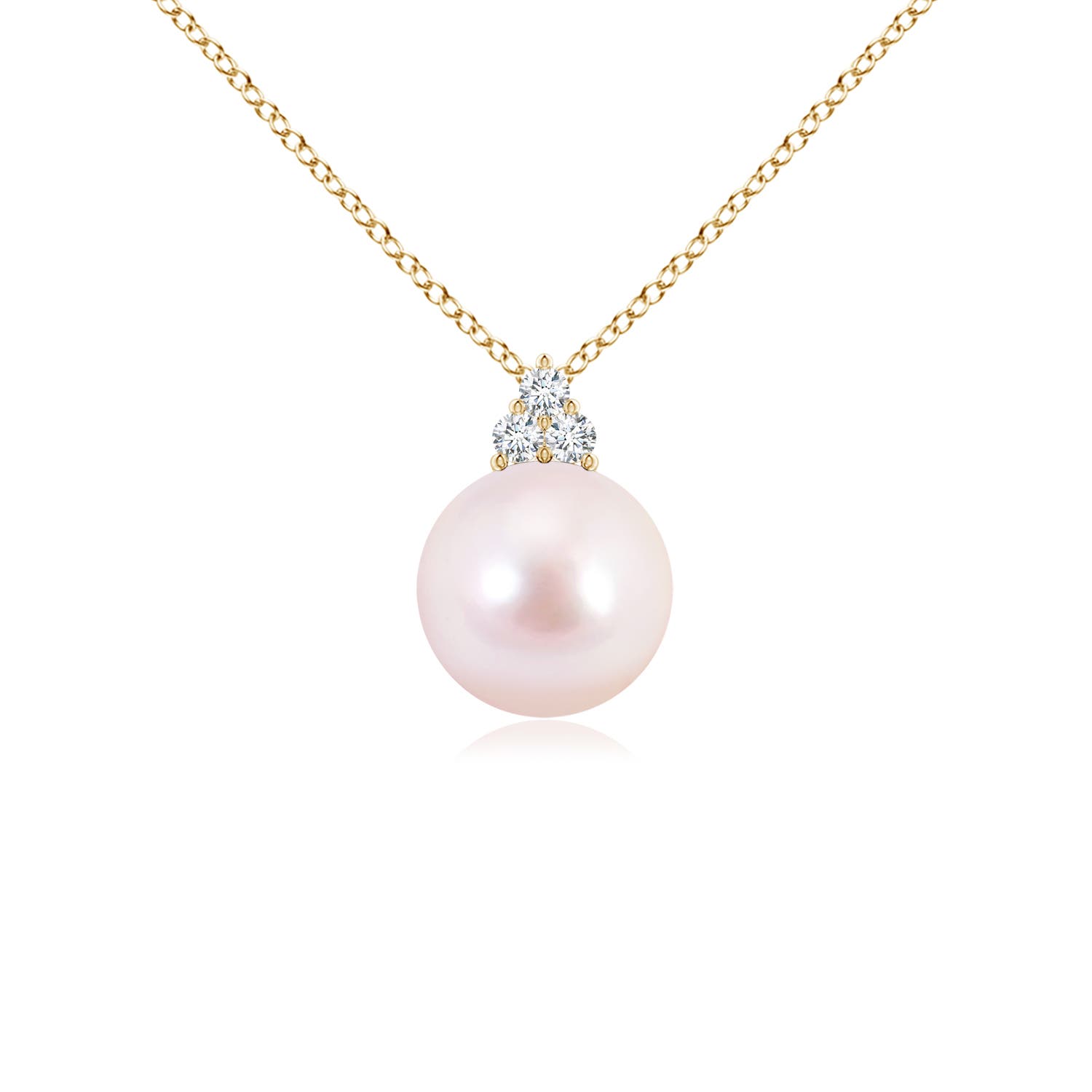8mm AAAA Japanese Akoya Pearl and Trio Diamond Pendant in 18K Yellow Gold