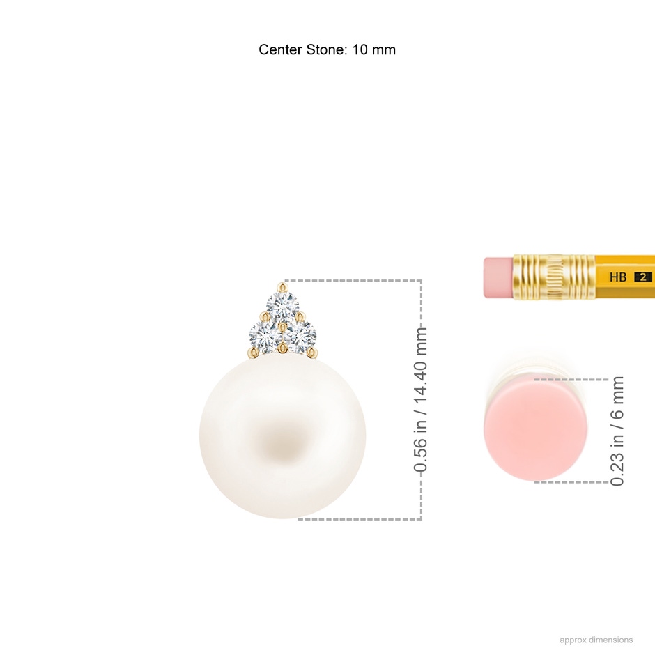10mm AA Freshwater Pearl and Trio Diamond Pendant in Yellow Gold ruler