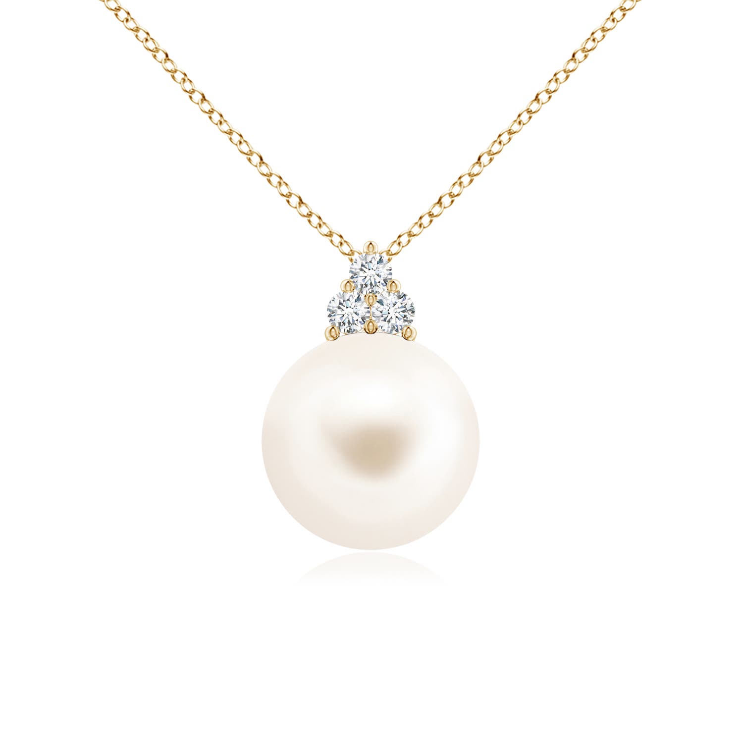 10mm AAA Freshwater Pearl and Trio Diamond Pendant in 18K Yellow Gold