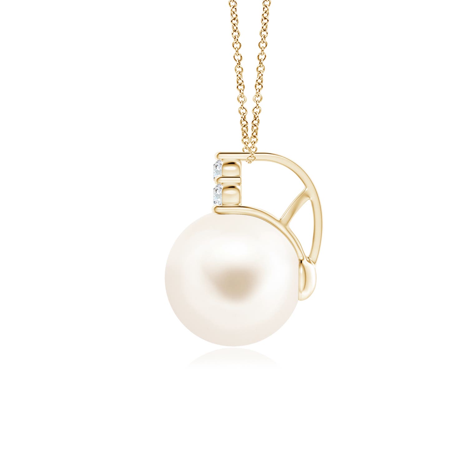 10mm AAA Freshwater Pearl and Trio Diamond Pendant in Yellow Gold