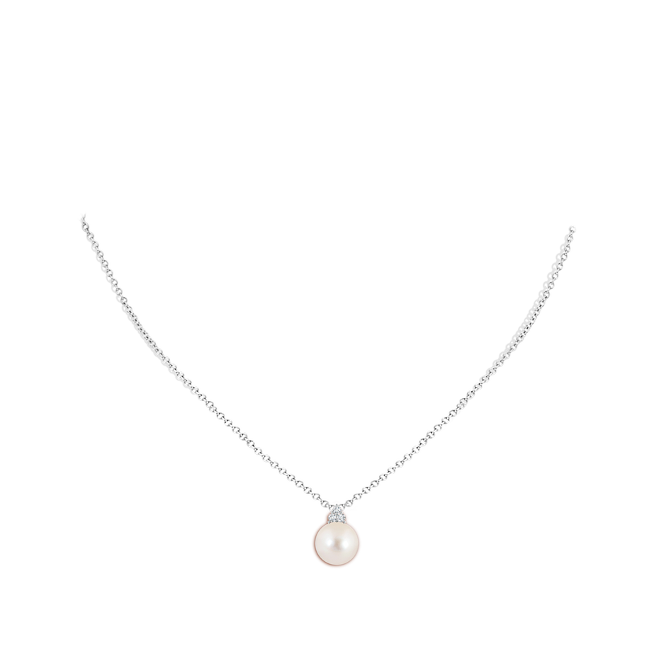 10mm AAAA Freshwater Pearl and Trio Diamond Pendant in White Gold body-neck