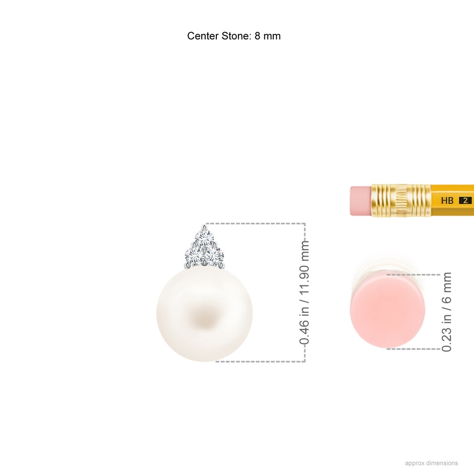 8mm AA Freshwater Pearl and Trio Diamond Pendant in White Gold ruler