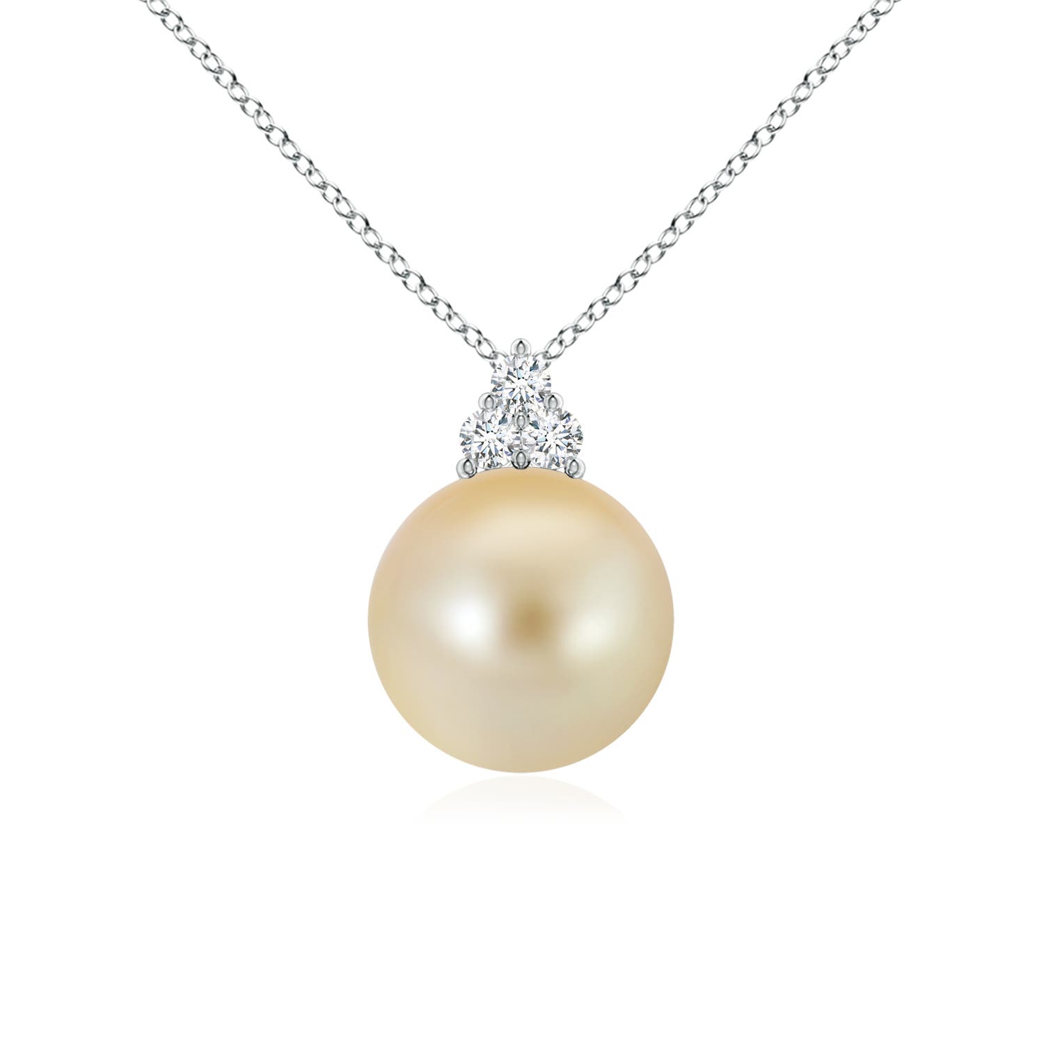 10mm AAA Golden South Sea Pearl and Trio Diamond Pendant in White Gold