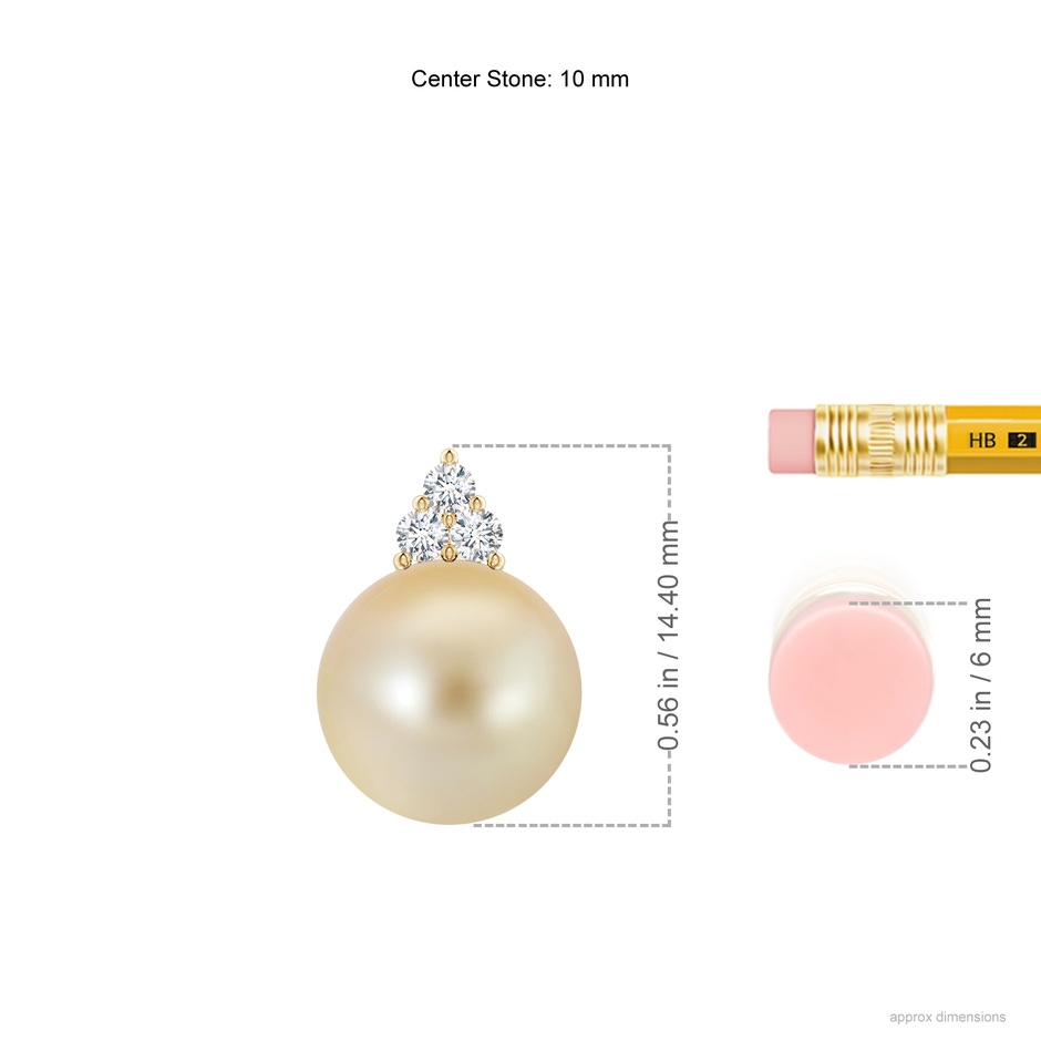 10mm AAA Golden South Sea Pearl and Trio Diamond Pendant in Yellow Gold ruler