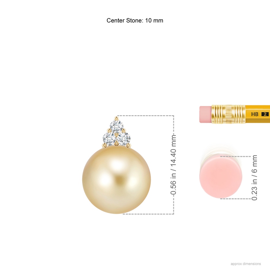 10mm AAAA Golden South Sea Pearl and Trio Diamond Pendant in Yellow Gold ruler
