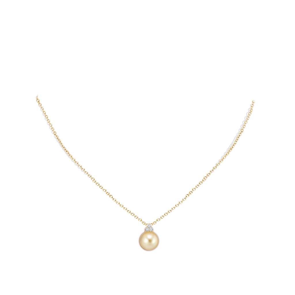 10mm AAAA Golden South Sea Pearl and Trio Diamond Pendant in Yellow Gold Body-Neck