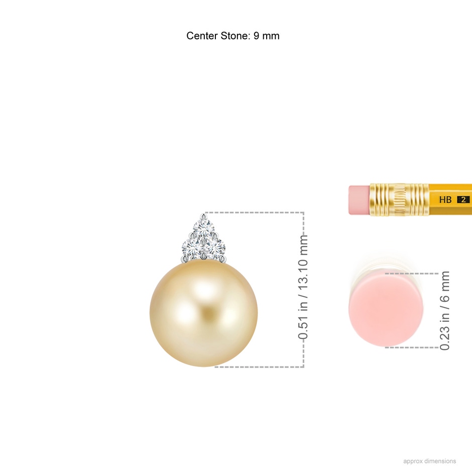 9mm AAAA Golden South Sea Pearl and Trio Diamond Pendant in P950 Platinum ruler