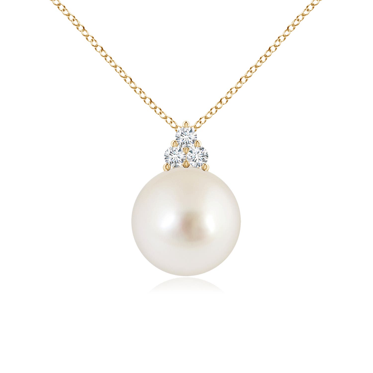 10mm AAAA South Sea Pearl and Trio Diamond Pendant in 18K Yellow Gold