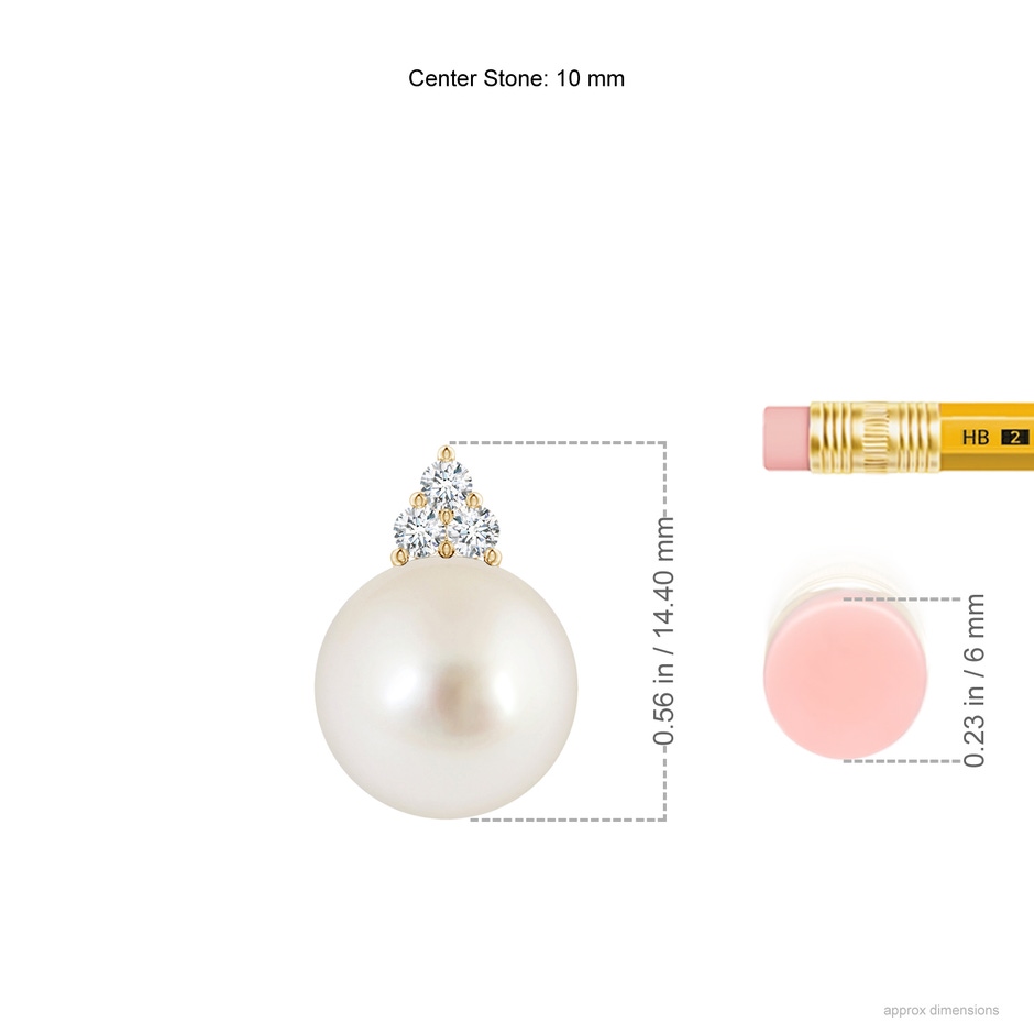 10mm AAAA South Sea Pearl and Trio Diamond Pendant in 18K Yellow Gold ruler