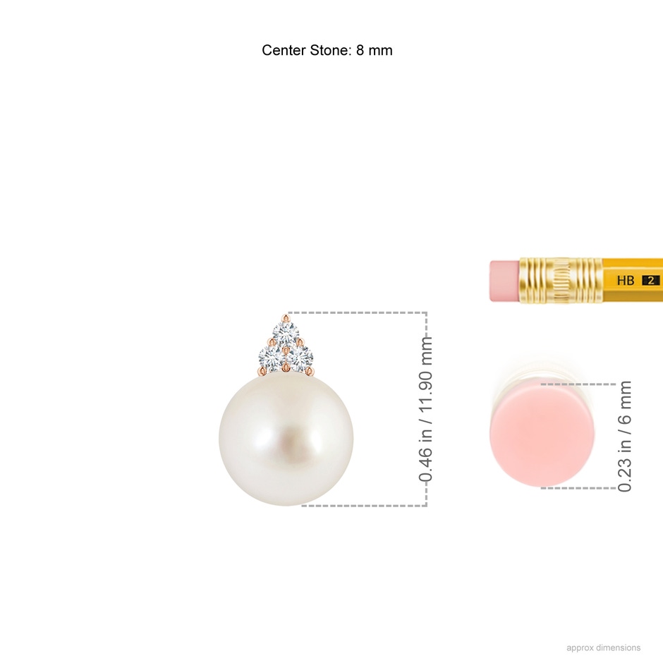 8mm AAAA South Sea Pearl and Trio Diamond Pendant in Rose Gold ruler