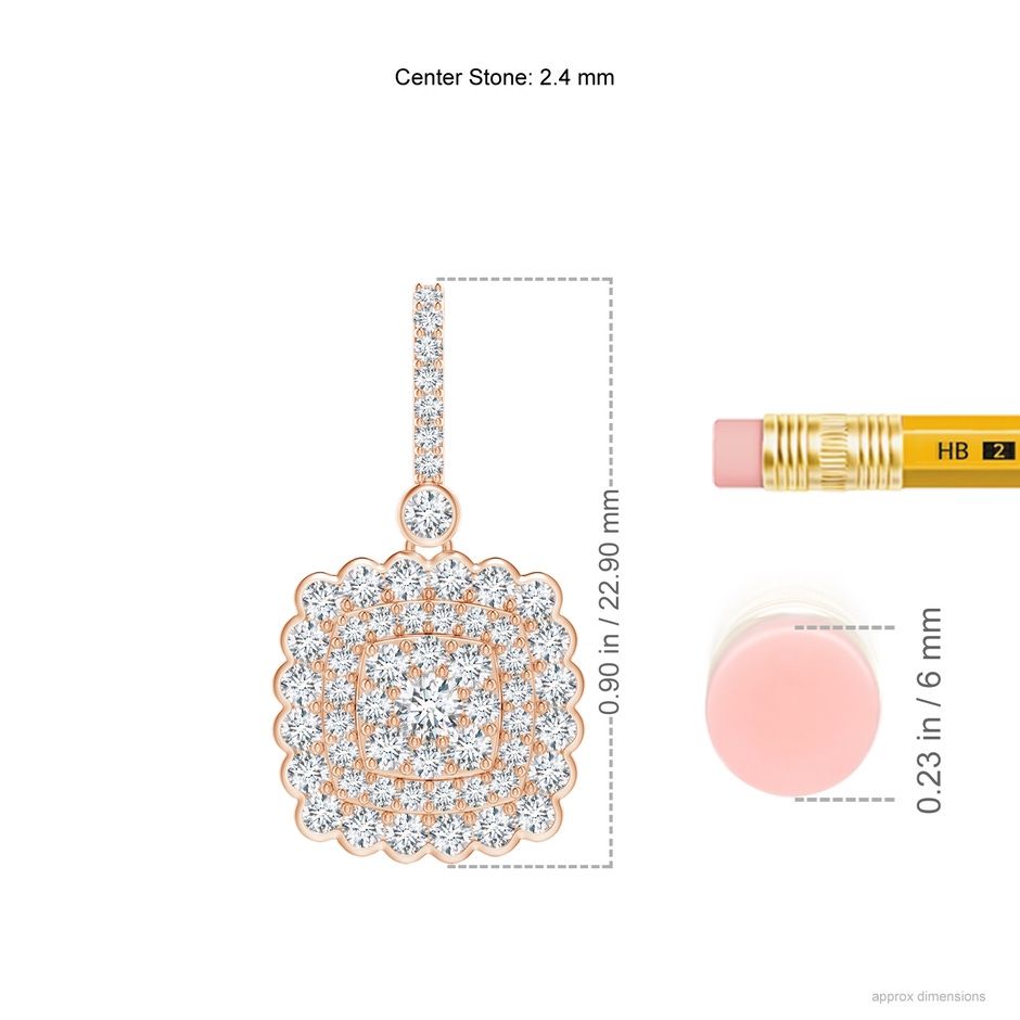 2.4mm GVS2 Cushion Double Halo Diamond Pendant with Pave Detailing in Rose Gold ruler